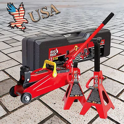 BIG RED 2 Ton Torin Hydraulic Floor Jack Combo 2 Jack Stands And Case • $84.94