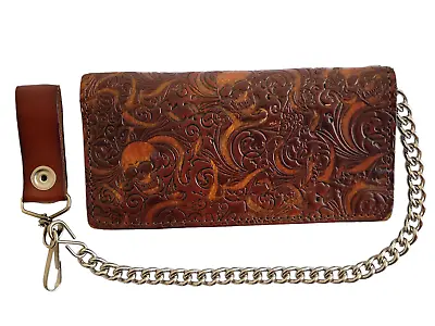 Rustic  Genuine Leather Trucker Biker 7  Wallet W/ Chain  Skulls • $32.95