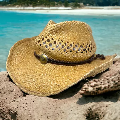 Vintage Outback Trading Company Raffia Straw Hat Leather Concho Band Wired Brim • $27.29