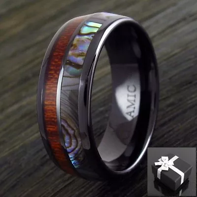 Black Hi-Tech Ceramic Men's Hawaiian Koa Wood & Abalone Band Ring Size 9-13 • $14.99