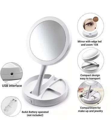 Foldable Double Sided Mirror With 10x Magnifying Cosmetic Lighted And Storage • $23.99