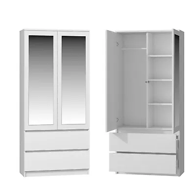 Wardrobe With Mirror Shelves And 2 Drawers MODERN 2 Door Storage  - White • £249.99