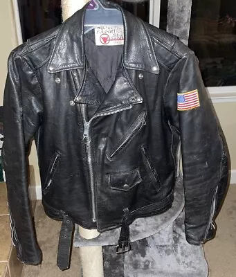 Vintage Sears Leather Shop Jacket Black Bikers For Christ  S 42 Patches Flag • $125