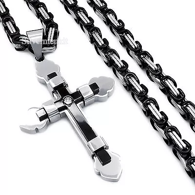 Mens Silver Black/Gold CZ Cross Pendant With Stainless Steel Chain Necklace • $8.25