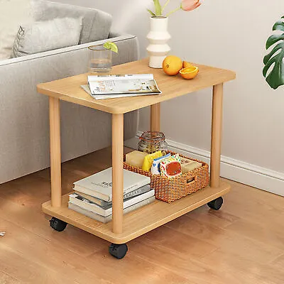 2 Tier Sofa Side Table End Table Bedside Table With Wheels Open Shelves Wooden • £19.99