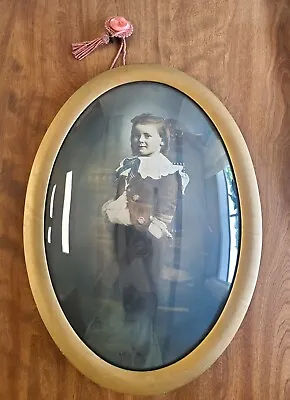 Antique Wood Oval Picture Frame  Convex Glass - 1900’s Photo Young Boy Uniform  • $62