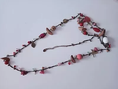 Accessorize Pink Brassy Tone Wood Glass Metal Bead Necklace • £5.99