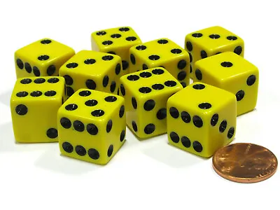 Set Of 10 Six Sided Square Opaque 16mm D6 Dice - Yellow With Black Pip Die • $6.49