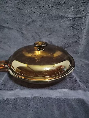 Pyrex Corning Vision Ware Amber 10” Skillet Fry Pan Waffle Bottom W/Lide • $34.88