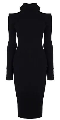 Karen Millen Cut Out Shoulder Rib Collar Dress With Button Sleeves. Black. XS. • $79.99