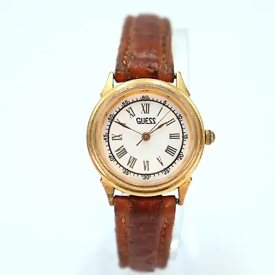Vintage Guess Watch 26mm Gold Tone 1990 Brown Leather Band With New Battery • $16.79