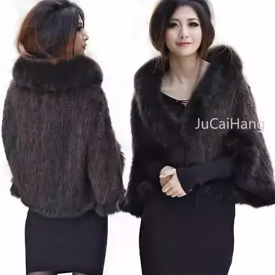 Women Coat HandMade Knitted Real Mink Fur Shawl With Fox Fur Collar - Brown • $127