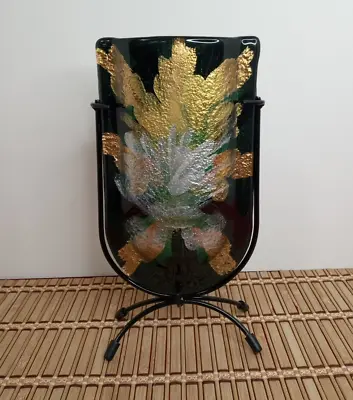U Vase Art Glass Gold Green And Silver Abstract Flower Design With Stand • $24.99