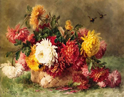 Paul De Longpre Chrysanthemums In A Woven Basket Print 11 X 14 • $25