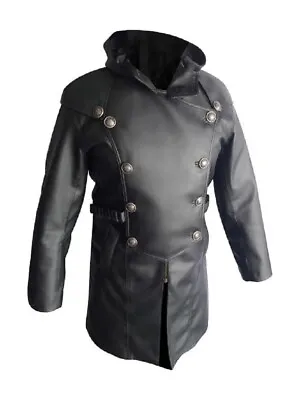 Mens Genuine Leather Coat Goth Matrix Steampunk Trench Style Hooded Coat Jacket • £102.99