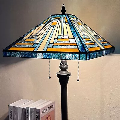 Lamp Floor Tiffany Mission Style Stained Glass Vintage Light Antique(Amber Blue) • $319.06