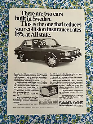 Vintage 1971 Saab 99  Print Ad Reduces Collision Rates By 15% At Allstate • $6.57