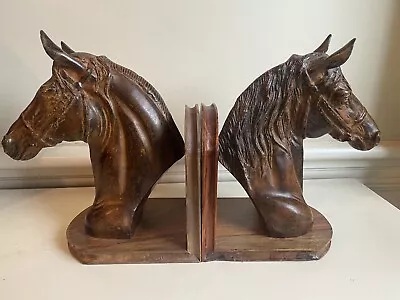 Vintage Horse Head Bookends Cast Metal 9” Equestrian - Wood Base Classy & Heavy • $85