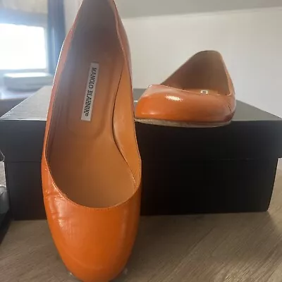 Manolo Blahnik Ballet Flats Orange Patent Leather Round Toe Shoes 39 No Box • $99