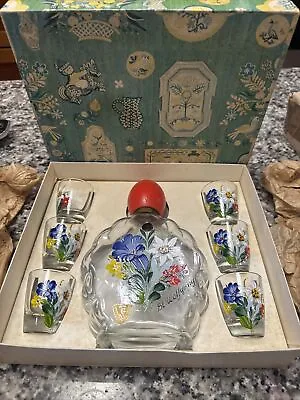 GERMAN 7 PIECE ART GLASS HAND PAINTED LIQOUR DECANTER GLASS SET BOXED Wolfgang • £38