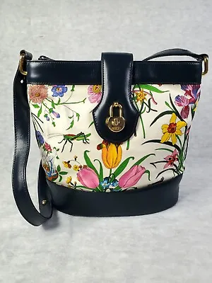 Vintage Gucci Flora Canvas & Blue Leather Floral Drawstring Bucket Bag • $675