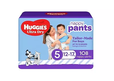 Huggies Ultra Dry Nappy Pants Boys Size 5 (12-17kg) 108 Count (2 X 54 Pack) • $88.45