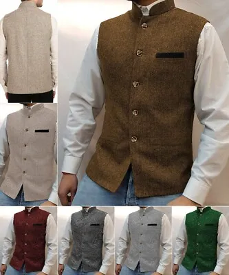 Vintage Mens Stand-Up Collar Vests Tweed Herringbone Waistcoat Wedding Wool Work • $9.99