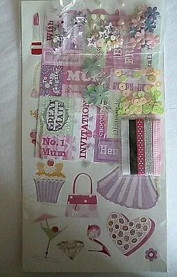£2.99 • Buy New Girl Woman Mum Themed Stickers Flowers Stars Buttons Ribbon For Card Making