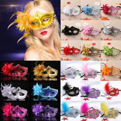 1X Glitter Masquerade Feather Venetian Mask Fancy Dress Party Ball Eye Mask Lace • £4.08