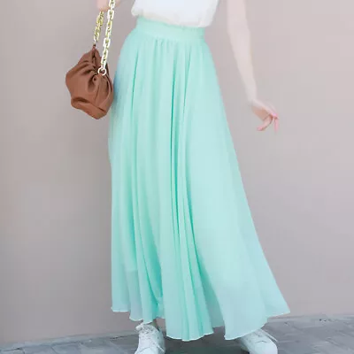 £23.35 • Buy Women Maxi Pleated Skirt Chiffon High Elastic Waist Swing A-line Mesh Sheer
