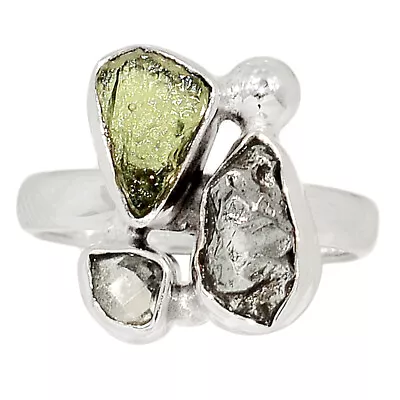 Natural Meteorite Campo Del Cielo Moldavite & H.D. 925 Silver Ring S.6 CR30680 • $29.99