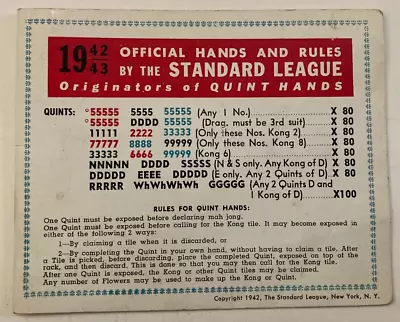 1942-43 Official Hands And Rules Standard League Mah Jong Card Mattye Kreindler • $68