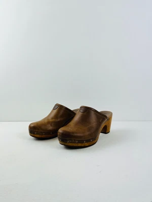 £50 • Buy Ugg Tan Brown Natural Leather Logo Slip On Mule Style Clog Shoes UK 6.5