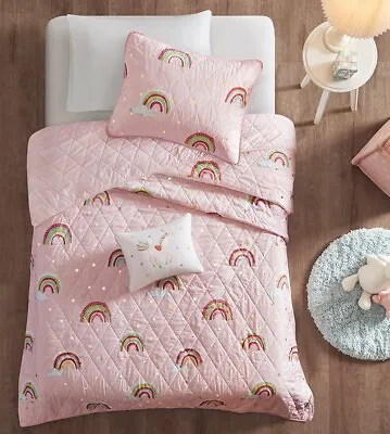 GIRLS UNICORN RAINBOW 4p Full Queen QUILT : ALICIA PINK METALLIC CLOUDS COVERLET • $76.50