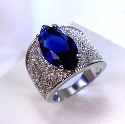 18k Platinum Plated Big Ring Made W Swarovski Crystal Lab-Created Blue Sapphire • $127.20