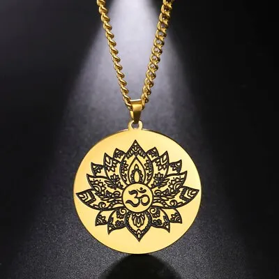 Buddhist Lotus Mandala Yoga OM Symbol Pendant Necklace Stainless Steel Amulet • $6.29