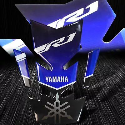 3D Gel Vinyl Fuel/Gas Tank Pad Protector Reflective Yamaha&YZFR1 Logo Blue/Black • $17.98