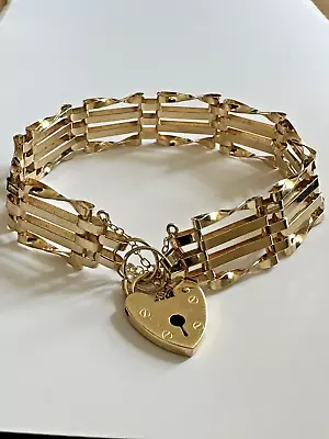 Hallmarked 9Ct Yellow Gold 4 Bar Gate Bracelet 13mm Heart Clasp 9Gr London 1988 • £387