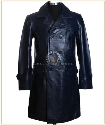 U-BOAT Blue Men's New WW2 German Kriesgmarine Military Cowhide Leather Long Coat • $202.07