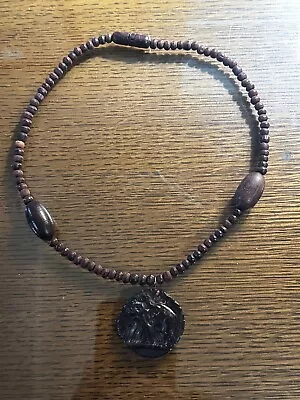 Men's Natural Wood Round Beaded Necklace Fashion Elephant Pendant 18” Diameter • $14.95