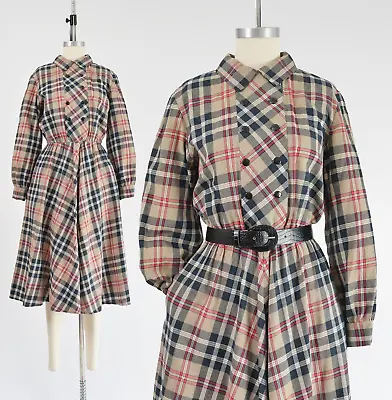 Vintage 80s Tan Plaid Cotton Flannel High Waist Full Skirt Midi Shirt Dress S M • £51.30