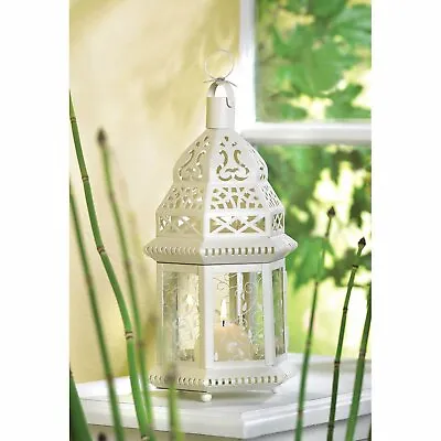 Metal Glass White Moroccan Style Party Wedding Lantern Outdoor Decor • $34.29
