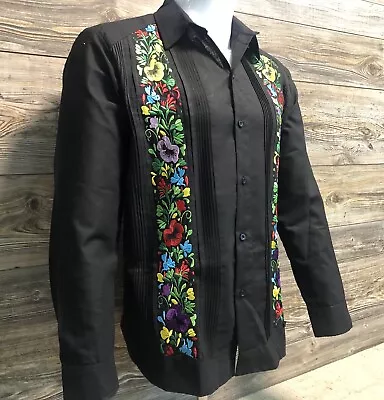 Men Mexican Guayabera Wedding Shirt  Black Linen Multi-Color Flower Embroidery • $75