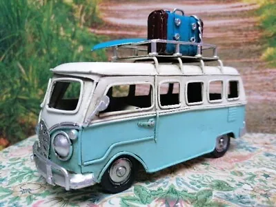 VW Style Camper Van Ornament Blue Tin Metal Model Rustic Vintage Style Camping  • £12