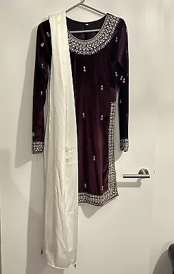 Beautiful Plum Purple Velvet Churidar Suit Salwar Kameez Sana Safinaz Maria B • £20