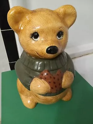 Vintage Teddy Bear Ceramic Cookie Jar Green Sweater By METLOX VGC+ • $38.60