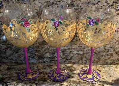 Hand Painted Rose Multi Colored Wine Glasses By Sophie D • $19.99