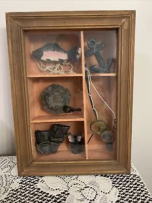 Vintage Fishing Shadow Box Fishing Very 12’ By 8” Wood Glass-mint! • $18