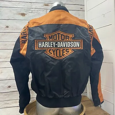 Harley Davidson Nylon Jacket Black Orange Logo Shield Racing Riding Bomber Coat • $78