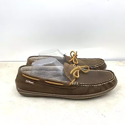 LL Bean Men Size 11 Slippers Brown Leather Fleece Lined Moccasins Slip On Shoes • $39.49